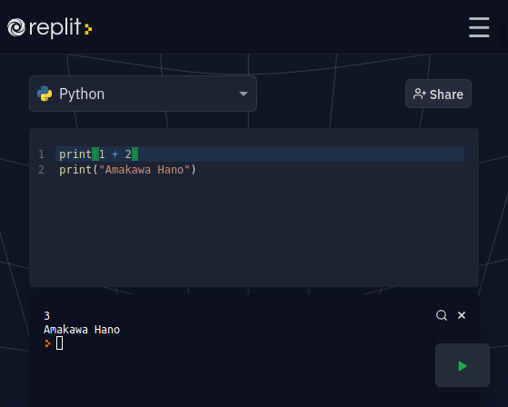 Tampilan pada REPL.it Python3, pencet tombol Run (ikon play) hijau untuk jalankan kodenya